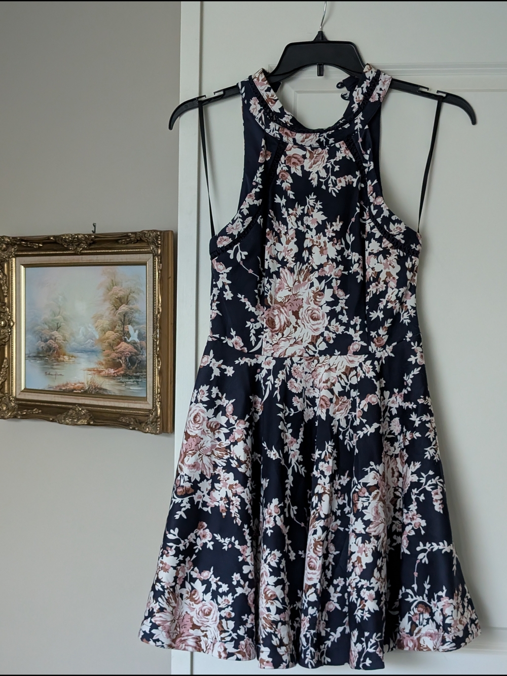 Floral Halter Skater Dress - Navy with Blush Pink